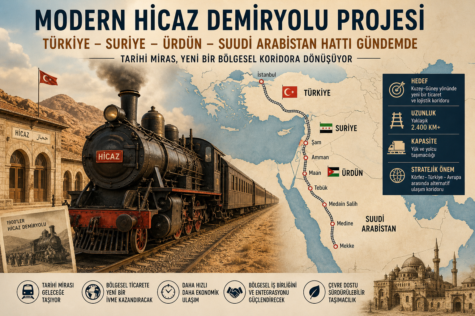 Türkiye Suudi Arabistan demiryolu mutabakatı modern Hicaz Demiryolu Suriye Ürdün lojistik koridoru
