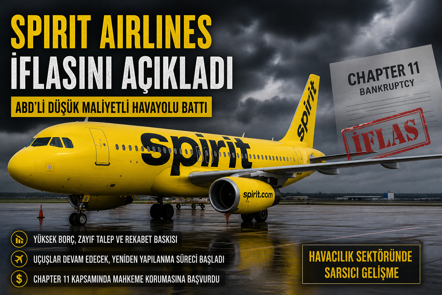 Spirit Airlines iflası ve son 10 yılda batan havayolları filo uçak sayısı ana istasyonlar ve batış nedenleri
